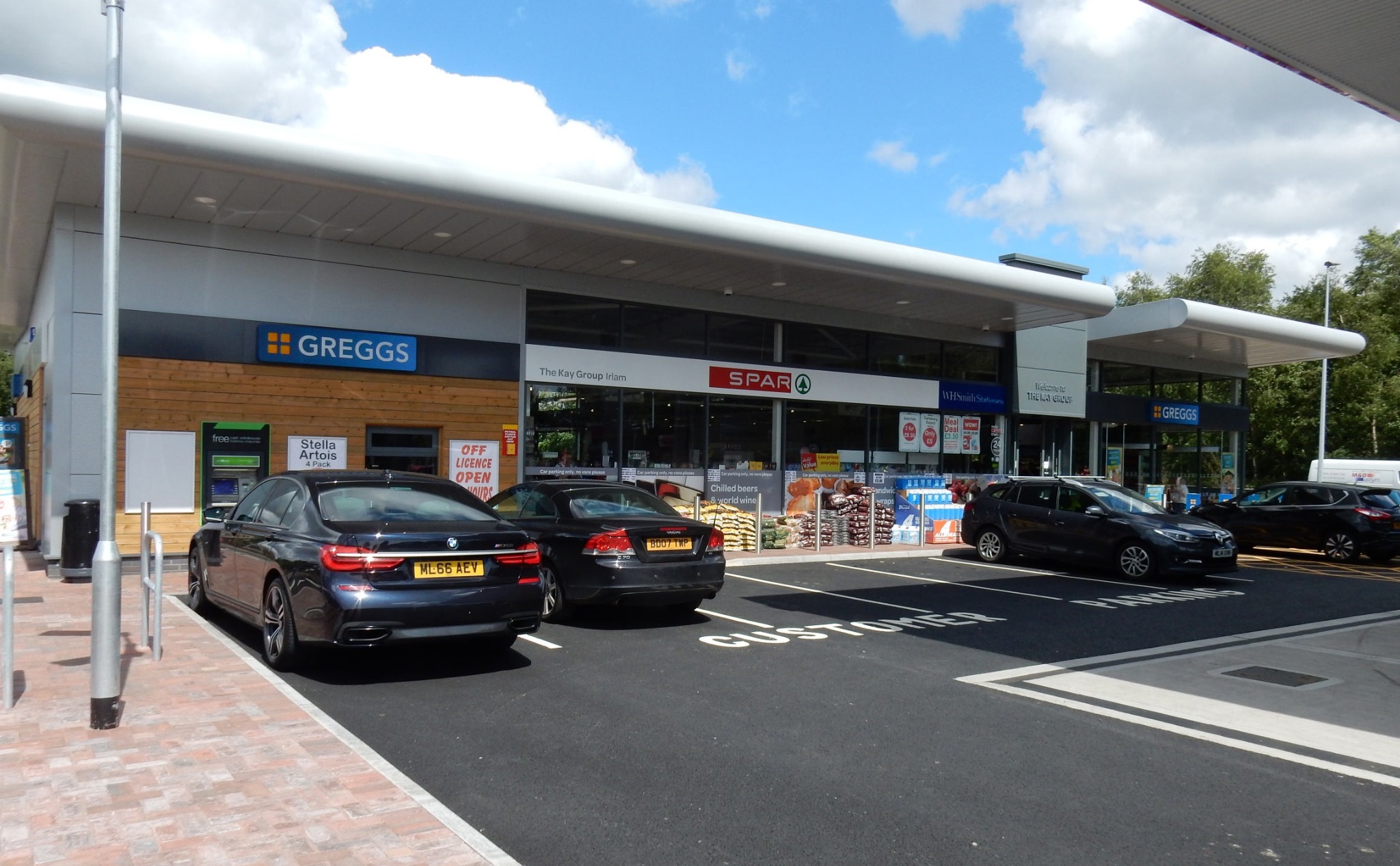 Greggs and SPAR retail frontage at Irlam Gateway Service Station